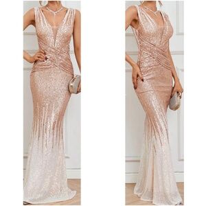 Luxe Sequin High Waisted Mermaid Hem Fitted Prom Formal Wedding Dress